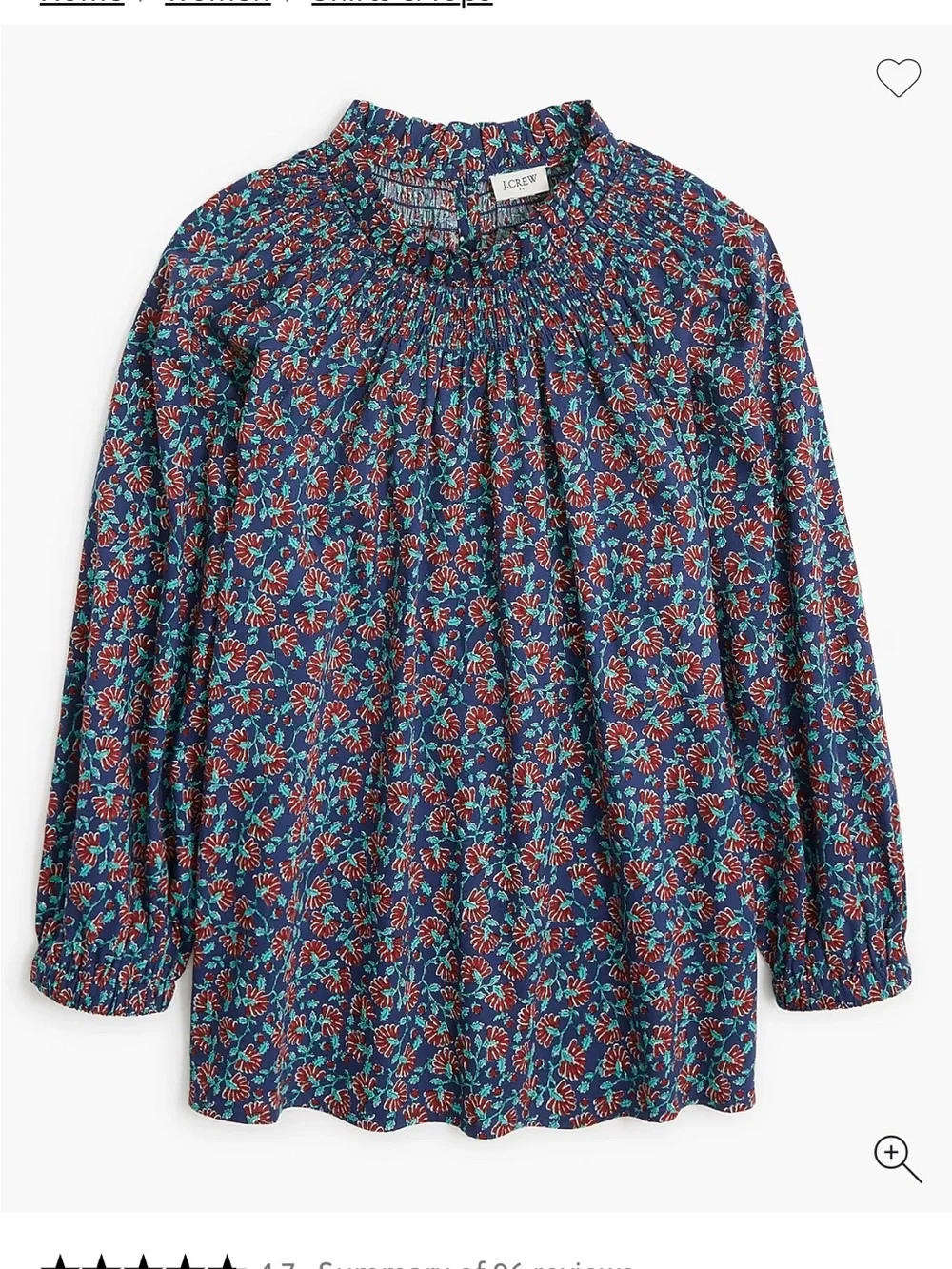 J. Crew Navy Floral Smocked Yoke Blouse with Red and Teal Accents